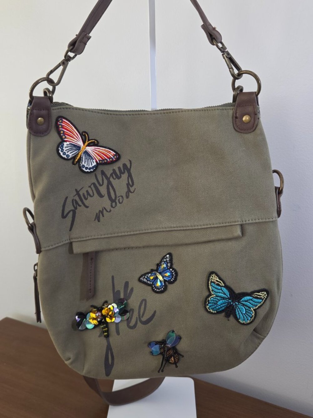 DESIGUAL OLIVE GREEN BUTTERFLY EMBELLISHED MESSENGER BAG BOHO-Y2K